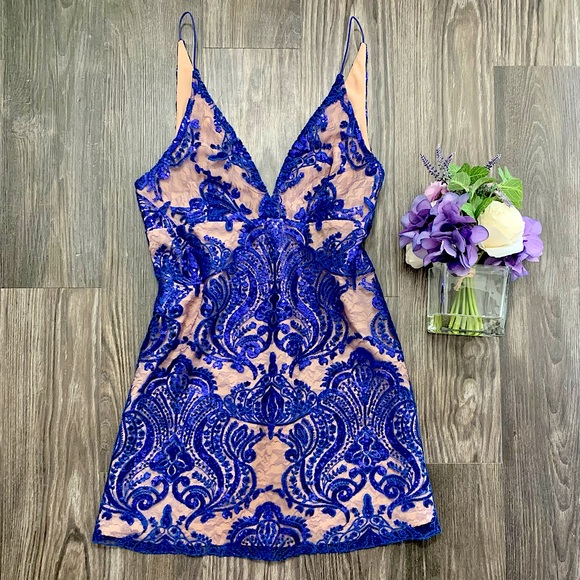 Free People Dresses & Skirts - Free People cobalt blue & nude sequin & lace overlay v-neck mini dress, size 8
